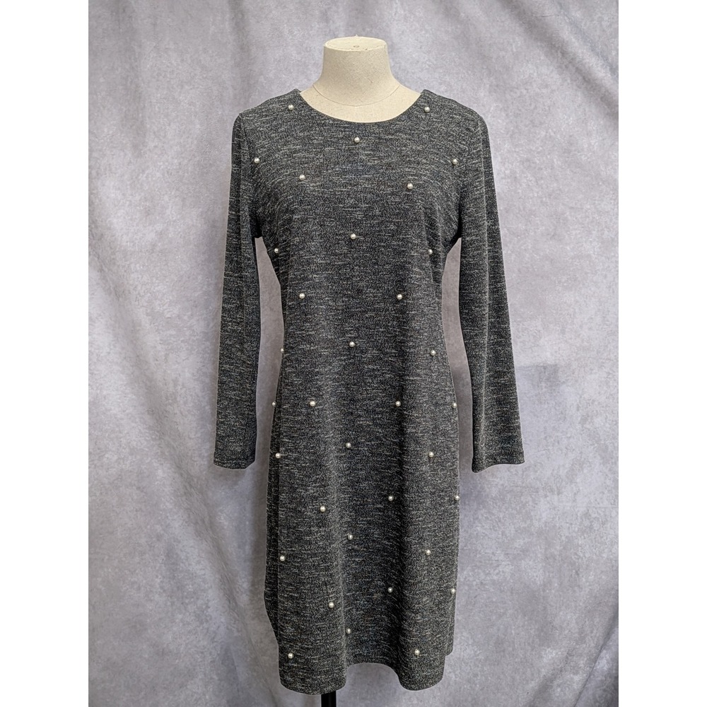 Ann Taylor Women Gray Pearl Embellished Marl‎ Knit Sheath Dress Size 8